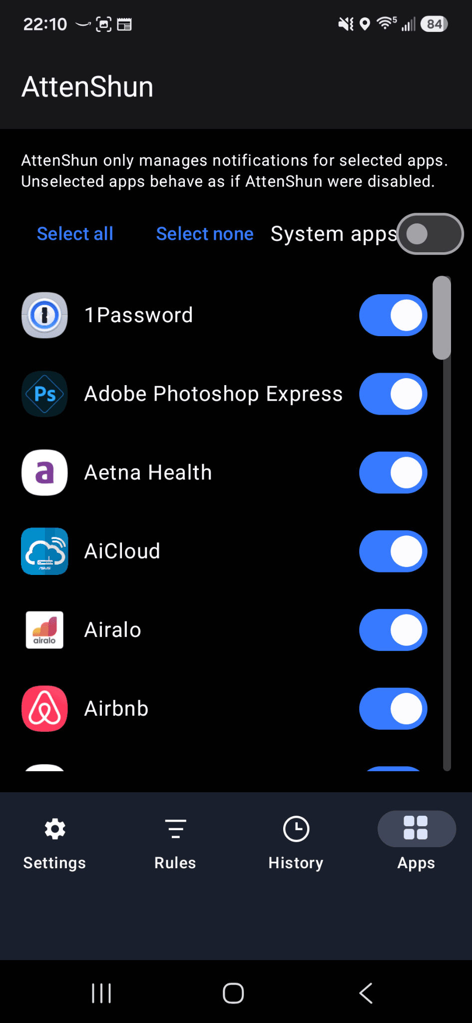 AttenShun app picker with a toggle beside each installed app to choose which ones it manages