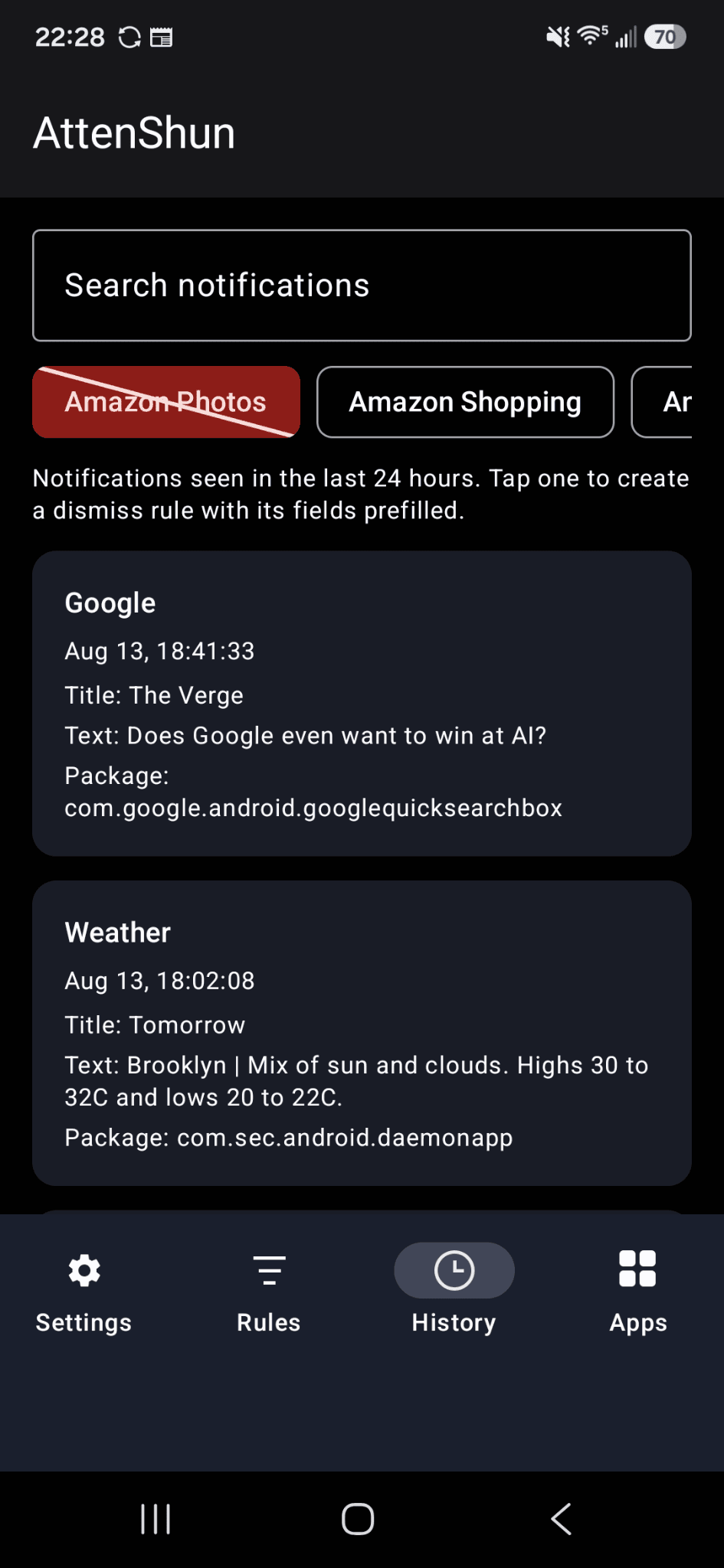 AttenShun notification history showing recent notifications with app filter chips and a search box