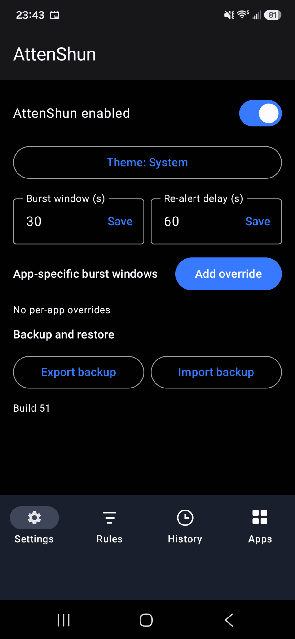 AttenShun settings screen showing the burst window set to 30 seconds, a 60 second re-alert delay, and backup and restore buttons